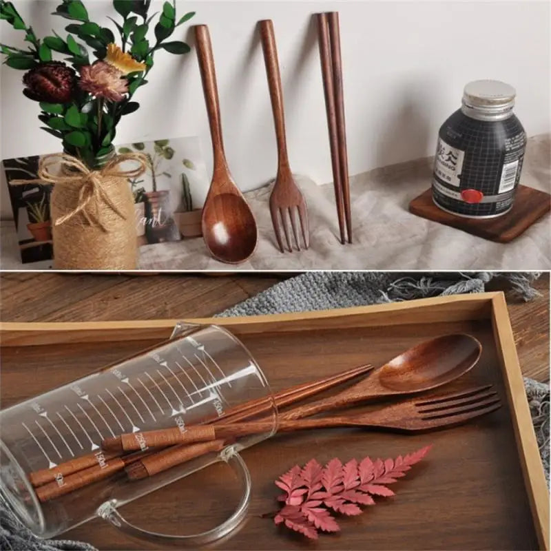 Korean Wooden Tableware Fork Spoon Chopsticks 3-piece Set Solid Wood Long Handle Spoon Chopsticks Portable Tableware