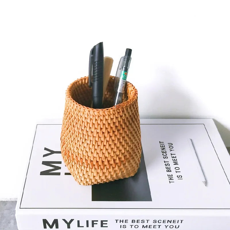 Student Start School Office Supplies Rattan Woven Handmade Creative Pen Holder Desktop Storage Box Pen Insert