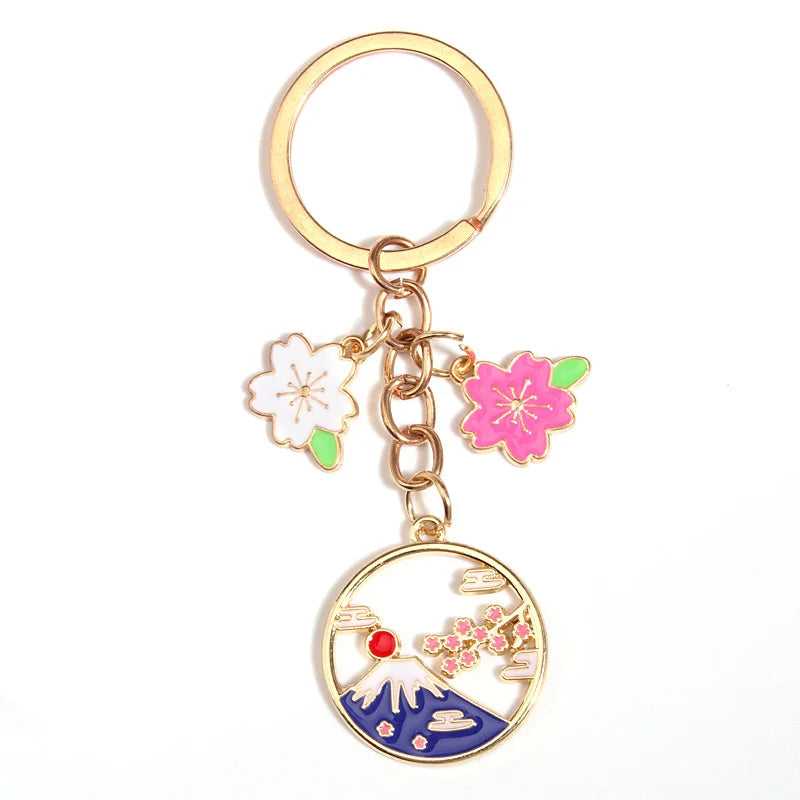 Cartoon Keychain Japan Fuji Mountain Sakura Flower Key Ring Enamel Key Chains Souvenir Gifts For Women Men DIY Handmade Jewelry