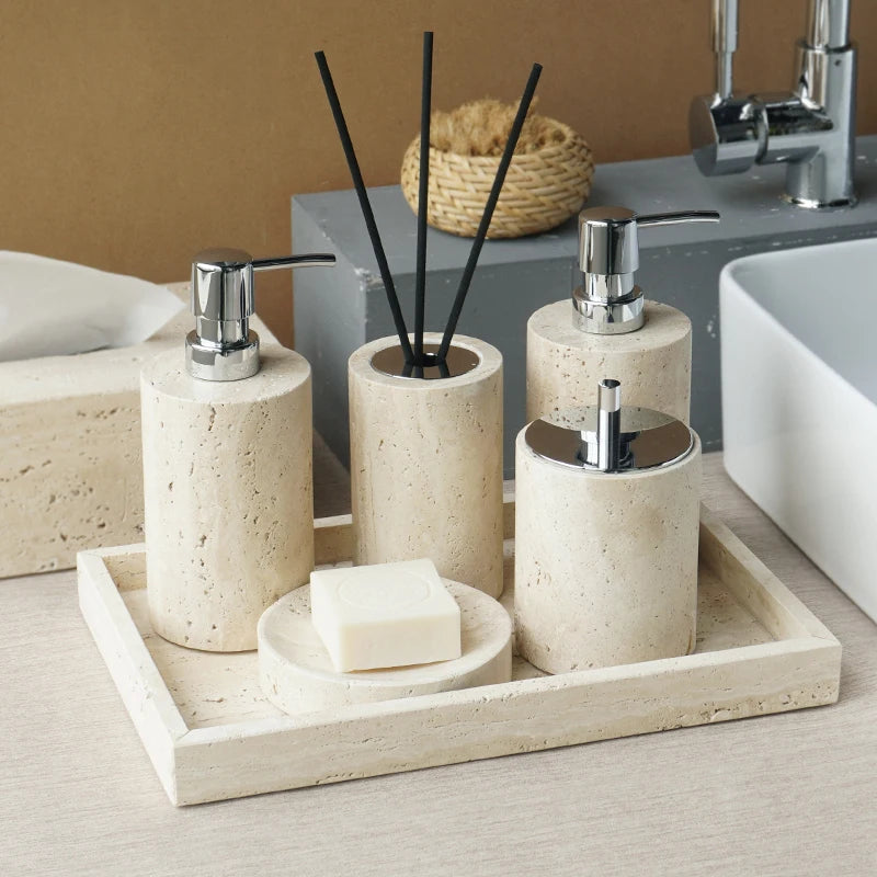 Beige Travertine Bathroom Accessories Set Natural Marble Soap Dispenser Soap Dish Reed Diffuser Vanity Tray Kit Bathroom