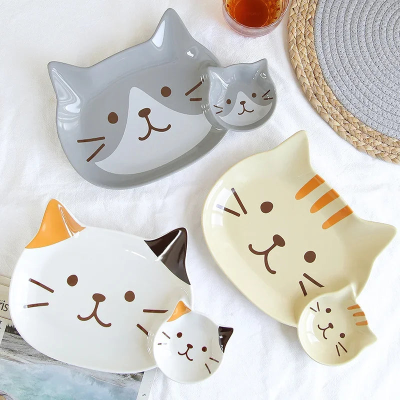 Ceramic Grid Plate Korean Cartoon Creative Cat Shape Snack Plate Tableware Kids Breakfast Plate Dumpling Dish Kitchen Supplies