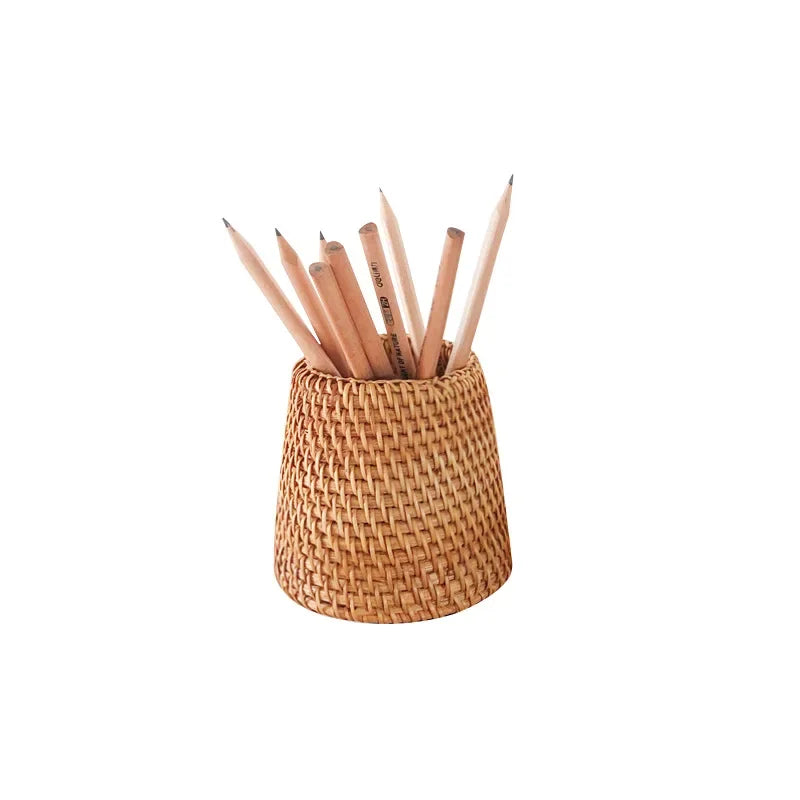 Student Start School Office Supplies Rattan Woven Handmade Creative Pen Holder Desktop Storage Box Pen Insert