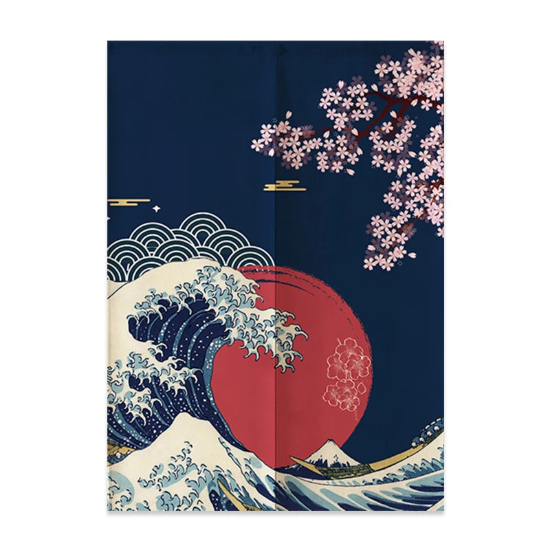 Japanese Linen Door Curtain Noren Mount Fuji Waves Partition Bedroom Kitchen Home Entrance Decor Customizable Half-Curtain